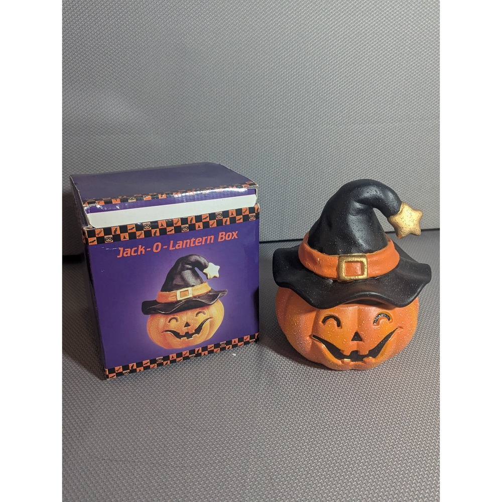 VTG Halloween Jack-O-Lantern Trinket Box Pumpkin Witch Hat Ceramic Spooky Decor